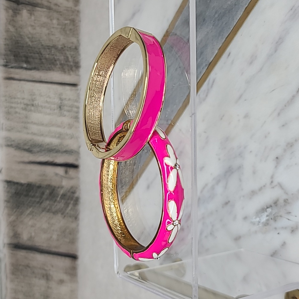 Nordstrom Enamel Hinge Magnetic & Floral Hinge Clamp Bangle Bracelet Pink & Gold